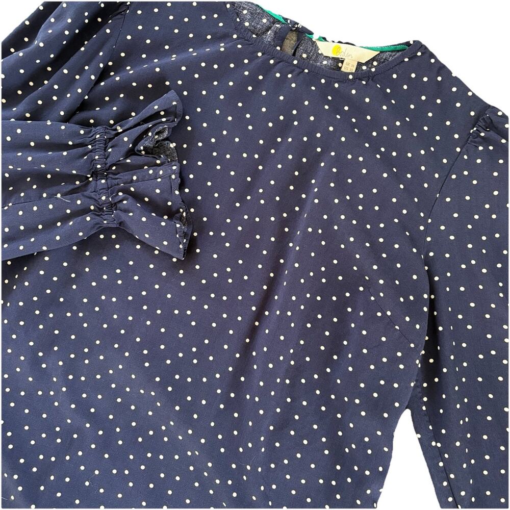 Boden Women's 100% Viscose Navy with White Polka Dot Long Puff Sleeve Blouse
